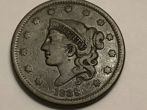 1838. Coronet Head Large Cent . 100% Copper Cover
