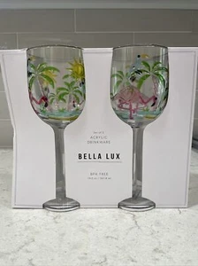 Set 2 FLAMINGO & TOUCAN Tropical Acrylic 19oz Wine Stemmed Glasses Cups BPA Free - Picture 1 of 5