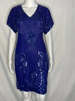 复古 Stenay 亮片串珠丝绸连衣裙 10 蓝色 90 年代美丽  — 第 1/4 张图片