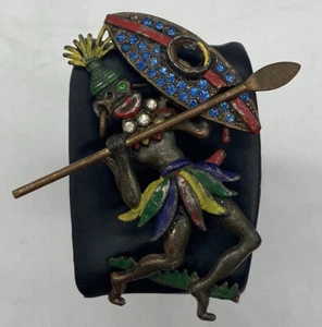 Vintage 1940's Bauman Massa Enamel & Stone Zulu Warrior Pin Brooch - Picture 1 of 10