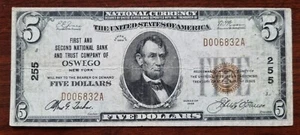1929 Five Dollar Bill $5 National Currency - Oswego New York #81433 - Picture 1 of 2