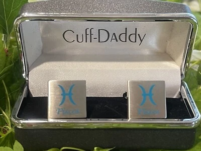 Cuff-Daddy Cufflinks PISCES Zodiac Sign Blue Lettering & Brushed Silver Tone BOX - Image 1 of 4