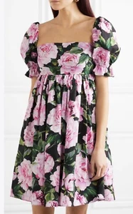DOLCE &GABBANA Pink Green Rose Floral Cotton Mini Poplin Flared Dress 40IT UK8 S - Picture 1 of 15