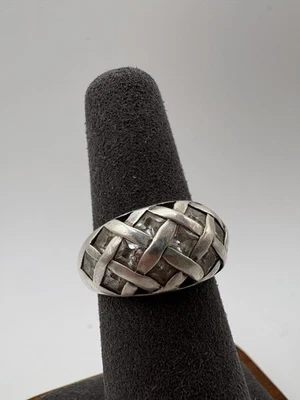 Anillo de plata de ley 925 banda ancha tejida piedras transparentes tejido de cesta talla 6 Foto 1 de 4