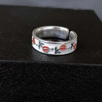 Anillos Esmaltados Flor Tulipán Mujer Tono Plata Ajustables Clásicos Modernos Joyería Foto 1 de 4