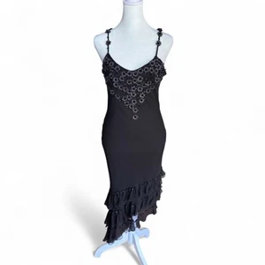 VTG Sue Wong 100% Silk Black Floral Appliqué Y2K Asym Hem Homecoming *tiny flaw - Picture 1 of 23