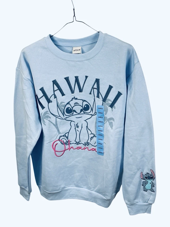 Disney Stitch Hawaii Ohana Embroidered Creneck Sweatshirt Light Blue Size Large