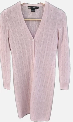 Cárdigan largo de cachemir rosa pálido etiqueta negra Ralph Lauren suéter tejido con cable S Foto 1 de 4