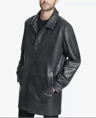 $695 DKNY Designer Dark Gray/ Black Croc Genuine Leather Overcoat Jacket Size L Foto 1 de 4