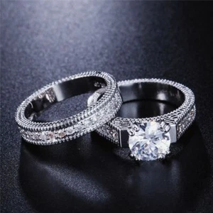 Love Symbol Wedding Bands - Cubic Zirconia Fashion Ring Durable Couple Jewelry - Picture 1 of 16