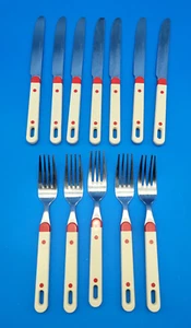 Vintage Mid Century Red & White Eating Utensils Set Plastic & Stainless Japan - Picture 1 of 8