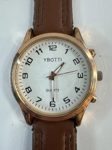 Ybotti Mens Watch Brown Leather Band White Dial Gold Tone Case New Battery - Picture 1 of 4