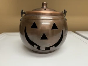 Free Ship Halloween Pumpkin, Jack O’ Lantern W Lid Copper Metal Color 10.5" Tall - Picture 1 of 3