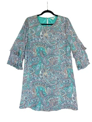 Cato Est 1946 Dress Womens M Blue Paisley Ruffled Flare Bell Sleeves Feminine - Image 1 of 4