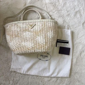 Prada White Raffia Handbag Shoulder bag Basket bag Triangle Logo Used Excellent - Picture 1 of 9