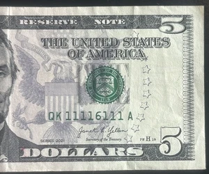 (NEAR SOLID!) $5 Binary Near Solid 7 Of A Kind Fancy Serial Number QK11116111A - Picture 1 of 4