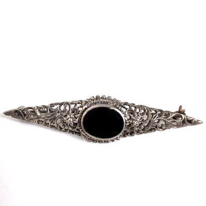 Vintage verzierte viktorianische STERLINGSILBER filigrane florale ONYX Stabbrosche 2,5" - Bild 1 von 17