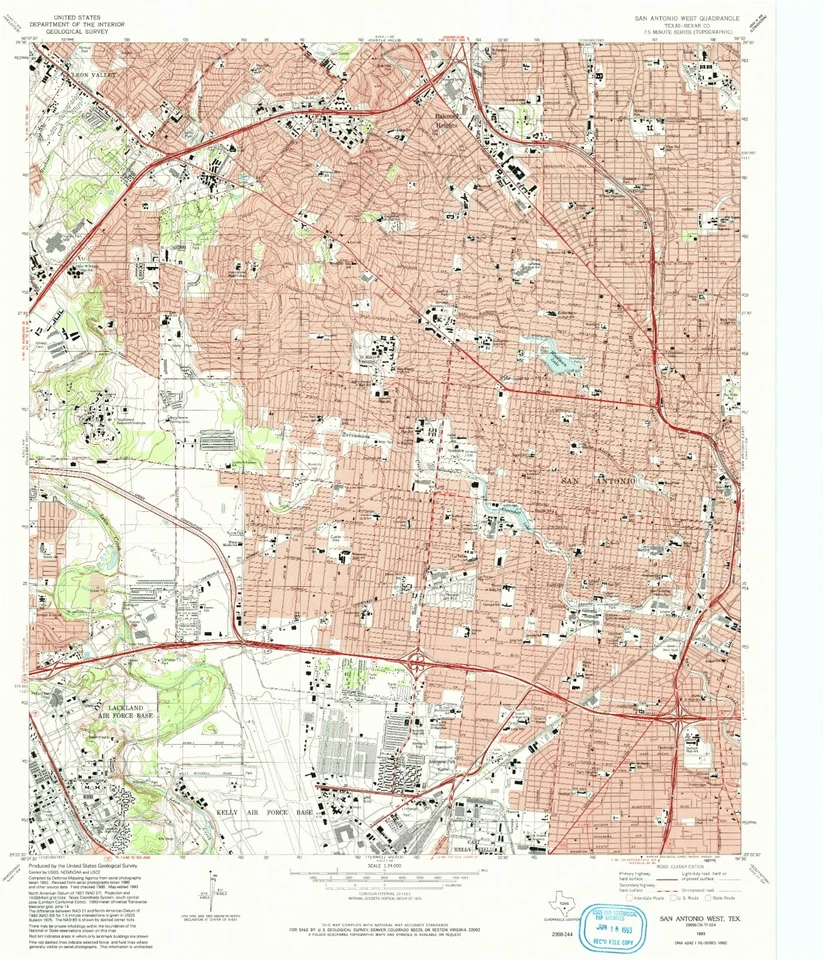 San Antonio West, TX, Topographic Map, 1993, USGS – Premium Matte Print – Histor - Image 1 of 1