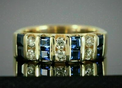Anillo banda diamante simulado redondo zafiro azul princesa de 2 quilates enchapado en oro amarillo Foto 1 de 4