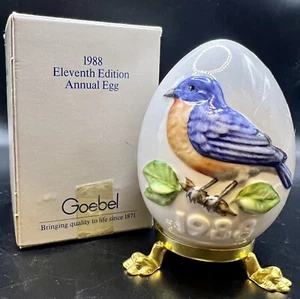 Goebel porcelain Annual Egg 1988-Blue Bird Gold Tone Base IOB - Picture 1 of 10