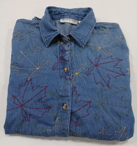 Victoria Jones Button Front Denim Shirt Womens Small Embroidered Fall Leaves - Picture 1 of 6