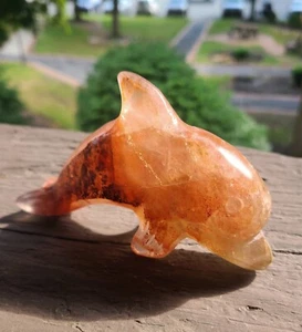 Large 4.8" 266g Stunning Red Fire Quartz/ Golden Healer Dolphin Crystal Carving - Picture 1 of 11