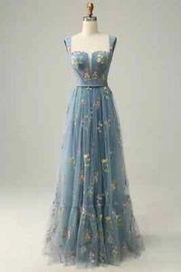 Lowime Puffy Sleeve Embroidery Flower Long Prom Dresses Train Evening Gowns - Picture 1 of 34