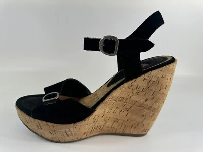 Sandalias BP para mujer talla 8,5 negras gamuza cuero corcho plataforma cuña correa al tobillo Foto 1 de 4