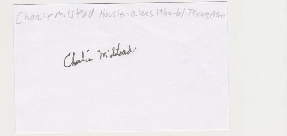 CHARLIE MILSTEAD HOUSTON OILERS 1960-61 AUTOGRAPHED INDEX CARD CREASED DECEASED - Image 1 of 1