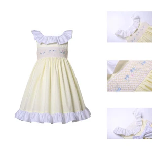 Party Festival Girls Dresses Yellow Smocked Embroidery Dress Flower Bow Dress - Picture 1 of 13