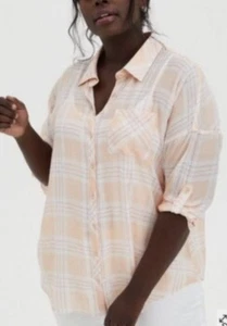 Torrid Peach Plaid Lindsay Drop Shoulder Button-Down Shirt Semi Sheer Size 1 - Picture 1 of 14