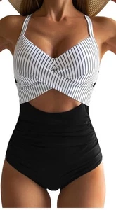 Eomenie Women's One Piece Swimsuits Tummy Control Cutout striped Bathing Suit S - Picture 1 of 2