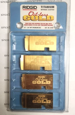 Ridgid Oil-less Gold 67807 1/2" - 3/4" NPT Premium Dies Titanium Nitrate Coated - Image 1 of 2