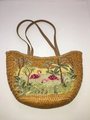 Capelli Straw World Inc Natural Purse Beaded Flamingo Basket Weave 2004 Used - Image 1 of 4