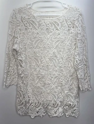 Túnica J. Jill Bordada Superpuesta Marfil Mangas 3/4 Cottagecore Femenina Mujer L Foto 1 de 4