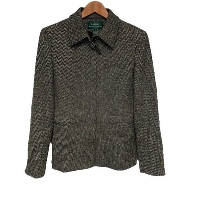 Blazer Lauren Ralph Lauren Etiqueta Verde Talla 6 Negro y Gris Espiga Tweed Lana Foto 1 de 4