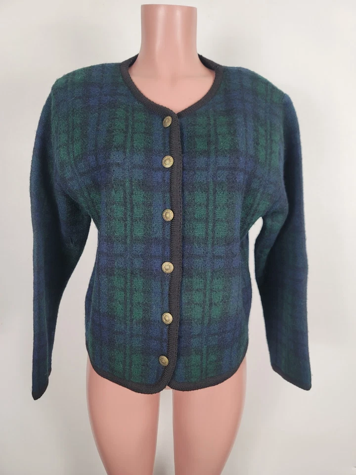 Vintage TALLY HO Navy Blue Green Tartan Plaid Wool Cardigan Sweater Large PL - Image 1 of 4