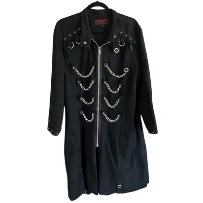 VTG Tripp NYC Black Trench Coat Chains Goth Punk Rave Military Modified RAW HEM - Image 1 of 4