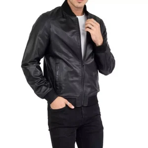 New Men's Real Super Soft Sheepskin Leather Bomber Motorcycle Biker jacket Black - Picture 1 of 9