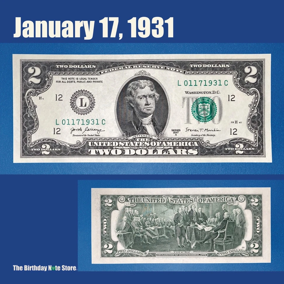 January 17, 1931 Birthday Anniversary $2 Two Dollar Bill Serial Number 01171931 - Image 1 of 2