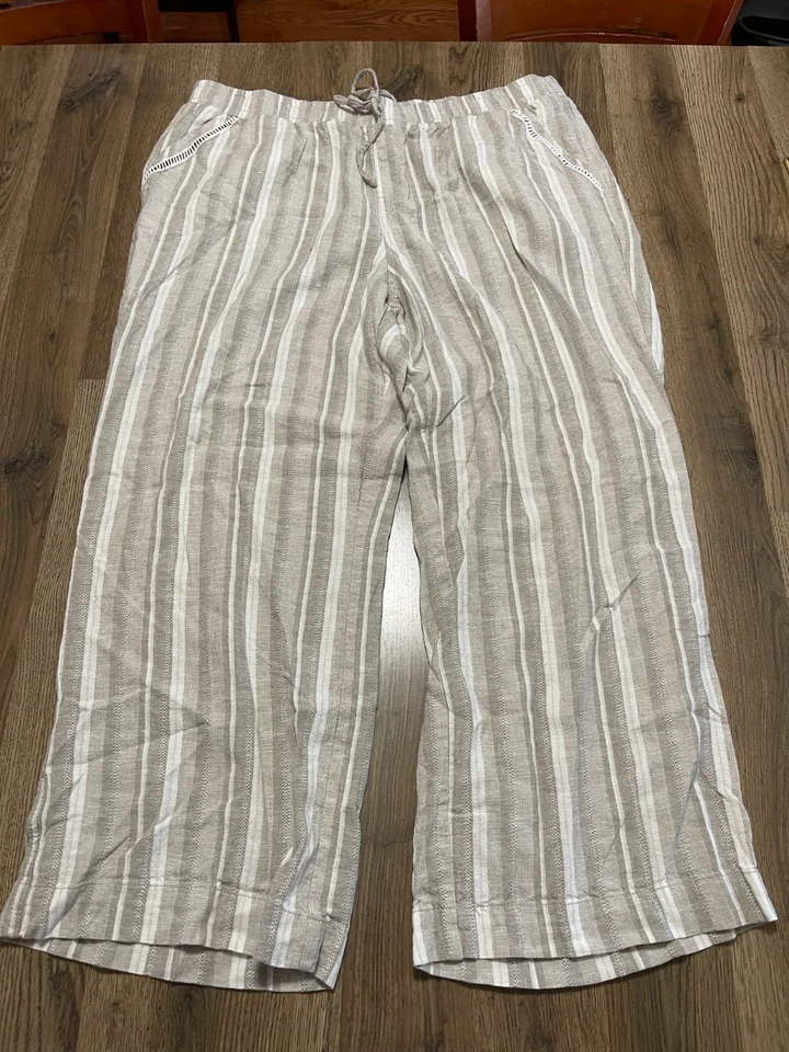 Briggs Pants, Women's Size XXL, Brown White, Striped, Pull On, Tie Waist, Linen - Image 1 of 4