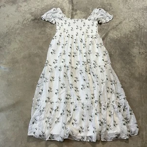OPT Cypress Dress Womens Size XL White Floral Smocked Top Puff Sleeve Midi - Picture 1 of 9