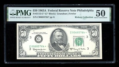 DBR 1963-A $50 FRN Philadelphia STAR Fr. 2113-C* PMG AU-50 Serial C00685764* - Image 1 of 2