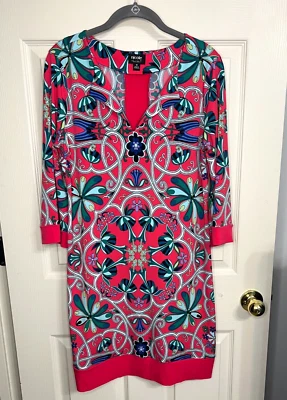 Vestido Nicole By Nicole Miller Talla M Rosa Floral Cuello Dividido Elástico Jersey Tejido Foto 1 de 4