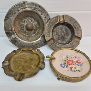 Ashtray VTG Collectable Brass and Petite Point Needlework Lot of 4 - Picture 1 of 11