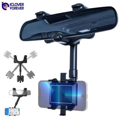 360 Rotation Car Rear View Mirror Phone Holder Mount for iPhone 17 16 15 Pro Max - Image 1 of 4