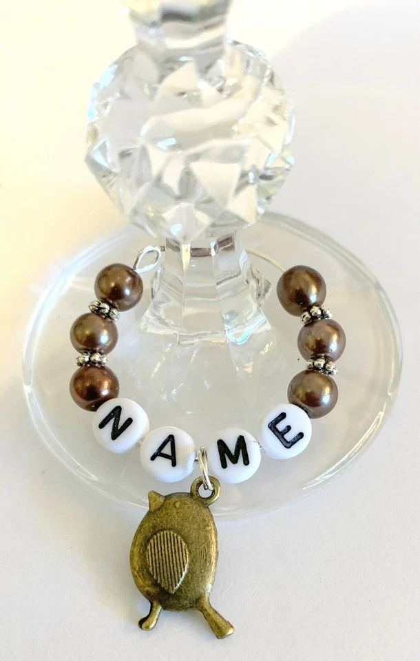 6 X PERSONALISED WINE GLASS RINGS WITH BRONZE BIRD CHARMS SET OF 6 - image 1 of 1