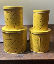 Vtg. Set Of 4 Nesco Mid-Century Yellow Graphic Metal Nesting Canisters