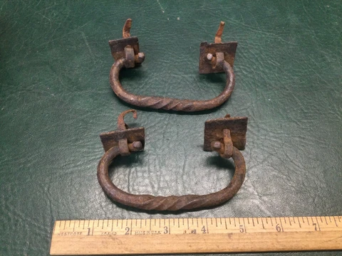Antique Early Primitive Pair of Forged Wrought Iron Snipe Twisted  Pulls Handles Cover