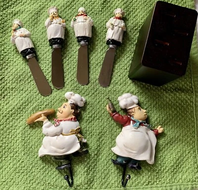 Chef Theme Knives w/ Block & Chef Wall Hooks ** Cheese Spread Kitchen Decor - Image 1 of 4